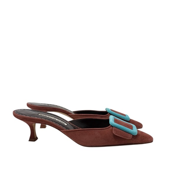 Manolo Blahnik Maysalebi 70MM Buckled Cinnamon Brown Suede Mules Size 37.5 - Picture 3 of 9
